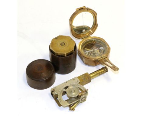 Surveyors Cross Staff 45 degrees, brass in leather case; E R Watts Clinometer no.39465 and a Stanley marching compass in bras