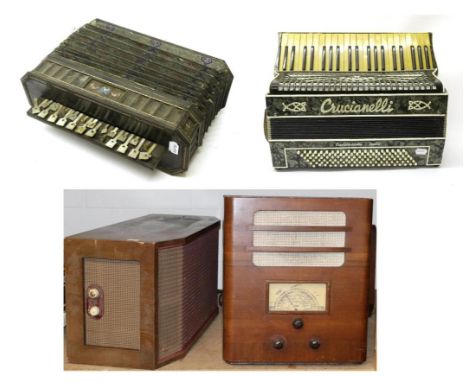 Two Walnut Cased Radios, comprising a Lissen and Cambridge, together with a Speaker, an Accordion and a Flutina (5) 