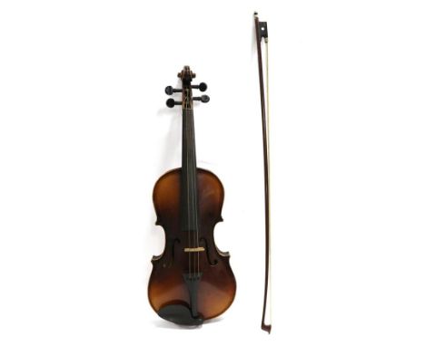 Violin 14'' two piece back with bow (cased) label reads 'Antonius Stradivarius Cremonensis 1721, Made in Bohemia'