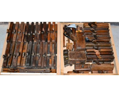 A Collection of Beech Moulding Planes, together with other tools, in two boxes