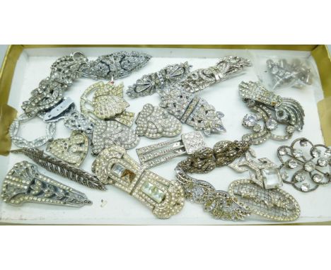 A collection of Art Deco diamante brooches, buckles and scarf clips