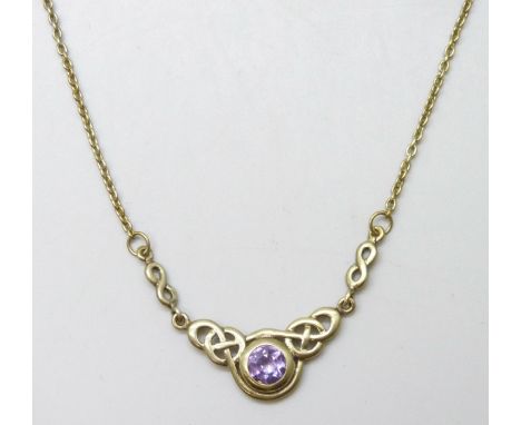 A Kit Heath silver gilt Celtic style necklace set with an amethyst, 44cm