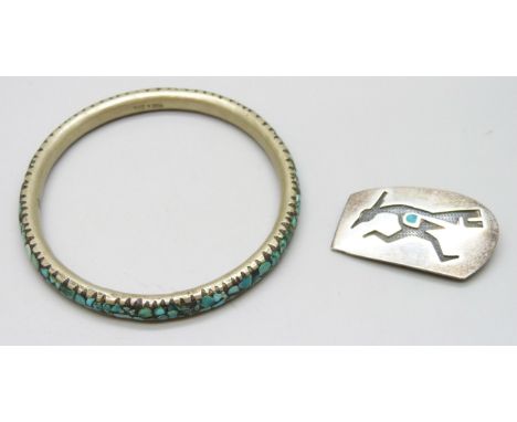 An unsigned Navajo style brooch, 3.7cm, and an Indian bangle set with turquoise