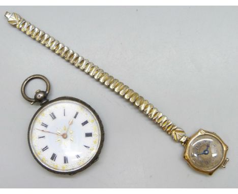 A lady's 9ct gold cased wristwatch, lacking crown and a .935 silver fob watch