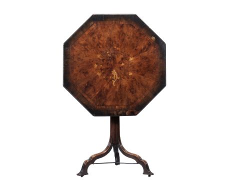  A George III burr yew, mahogany and floral marquetry octagonal tripod table,   circa 1770, the hinged top with burr yew sect