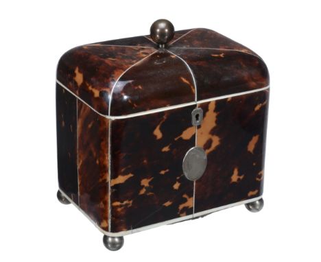  A late George III tortoiseshell veneered and ivory banded tea caddy,   early 19th century, of rectangular section, the domed