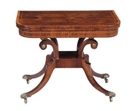  A late Regency rosewood folding card table  , circa 1820, the book-matched and satinwood banded top opening to baise playing