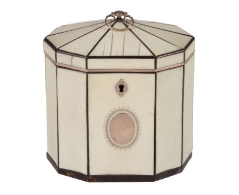  A George III ivory veneered and yellow metal mounted tea caddy,   last quarter 18th century, of decagonal section, the hinge