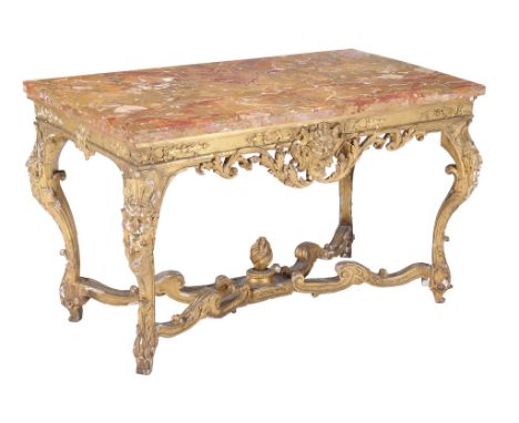  A George II carved giltwood centre table  ,  possibly Irish  , circa 1735, the marble top above acanthus and bell flower dec