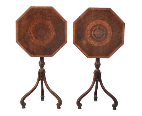  A pair of George III mahogany and kingwood crossbanded occasional tables  , circa 1770, each octagonal tilt top inlaid with 