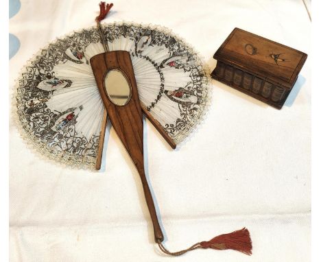A novelty fan/hand mirror with pull up action, with inlaid swallow to one side, a similar ring box 