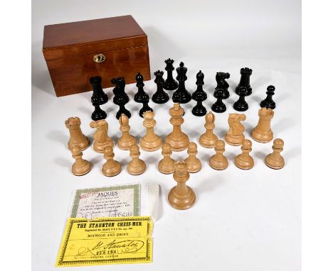 A modern Jaques Staunton chess set, in storage box with certificate, weighted bases, King height 9cm; Chess clock and boxed M