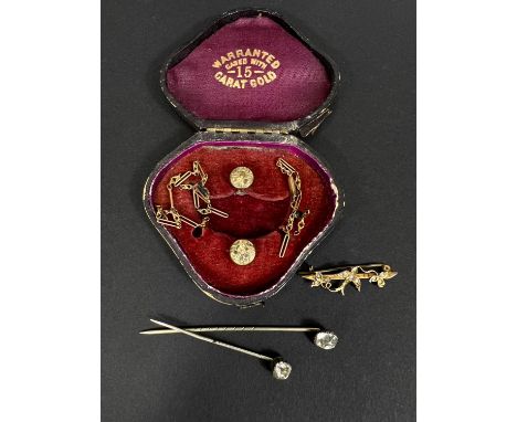 An Edwardian 9ct hallmarked gold bar brooch set with seed pearls, stick pins, studs etc 