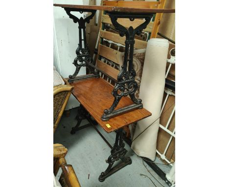 A pair of 19th century cast iron based rectangular pub tables with harp shaped supports, 106x45cm 