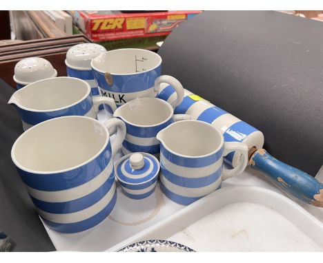 A selection of T.G. Green Cornish Kitchen ware, blue and white storage jars, rolling pin, large mug etc 