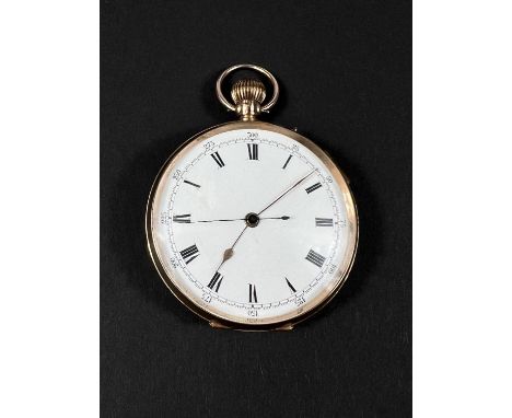 A 9ct gold open face chronograph pocket watch with centre chronograph hand, Arabic numerals and Roman numerals around the dia