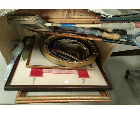 A convex mirror, shooting stick, boat, tapestry, 'bedtime story' picture etc 