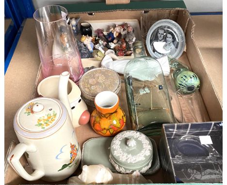 A selection of china and glass: a vintage ship in bottle; a 1970's Poole vase; a Nao figure; miniature animals; etc. 