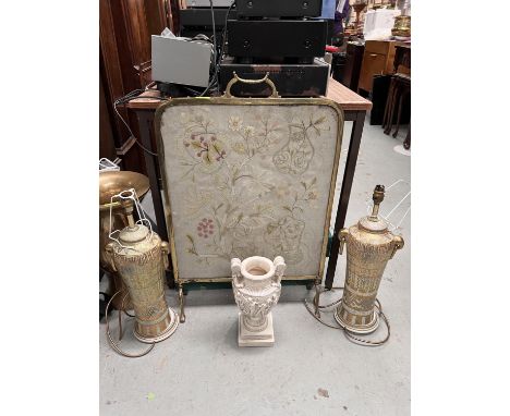 A pair of Satsuma style table lamps; a brass framed needlework firescreen etc 