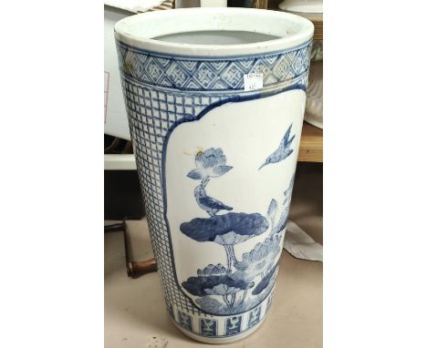 A modern Chinese large cylindrical vase/stick stand in blue and white, height 48cm; 3 other oriental vases