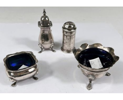 Four hallmarked silver cruet pieces: 2 salts and 2 pepper pots, various dates and assay offices, 3.3oz 