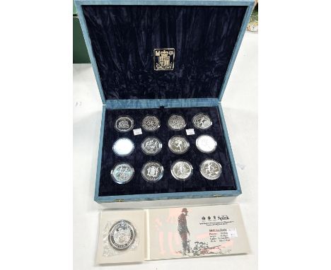 Commonwealth Games 1986: 2 sets of 6 silver crown size coins, cased; a Churchill 'Invasion of Sicily' silver medal by Spink 