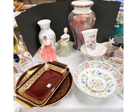 Two Carltonware Rouge Royale dishes; 6 pieces of Minton's Haddon Hall; 2 Royal Doulton figures:&nbsp; Clarissa HN 2345 &amp; 