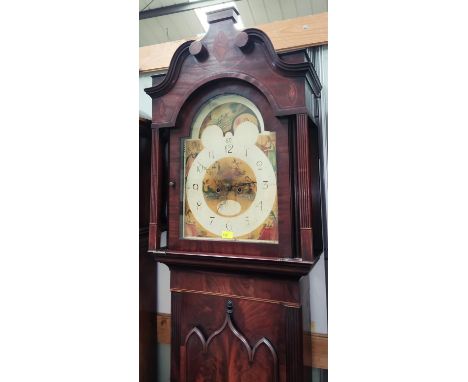 A North Country Sheraton period mahogany longcase clock, the hood with shell inlay, blind swan neck pediment and reeded side 