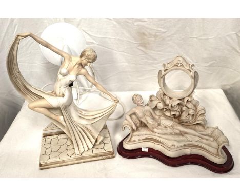 An Art Dec style table lamp in white resin, with female dancer; a similar group with reclining woman 