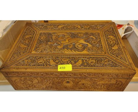 A finely carved Far Eastern/ Chinese wooden sewing box with central panel depicting dragon fighting a lion, flowers and birds