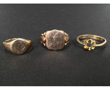 2 9ct hallmarked gold signet rings, 6.6gm; a yellow metal ring stamped 18ct (no stone) 2.5gm 