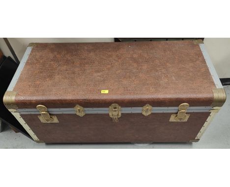 A large vintage style travel trunk metal with leather effect surface, 117x54x57cm 