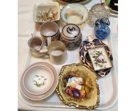Three 1950's pieces of Poole pottery:&nbsp; mug; jug and preserve pot; 2 Susie Cooper small bowls; an Aynsley dish; other dec