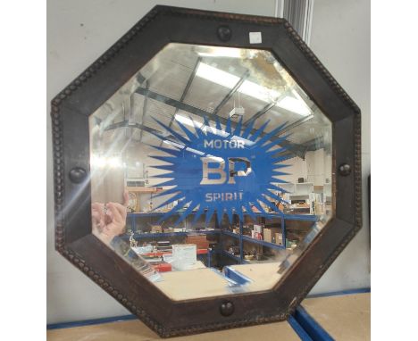 A Vintage oak octagonal framed advertising mirror BP Motor Spirit painted on 