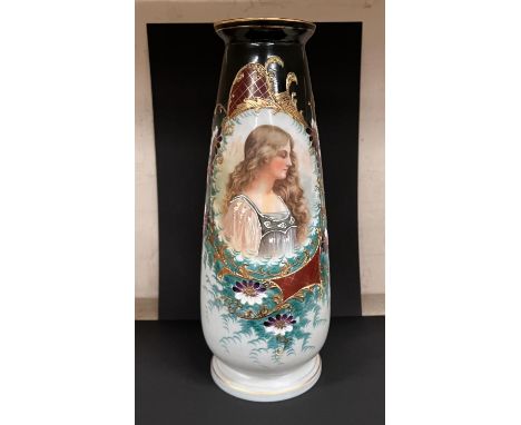 A Victorian opalescent glass vase decorated with a half length portrait of a girl; 7 china models of 19th century soldiers 