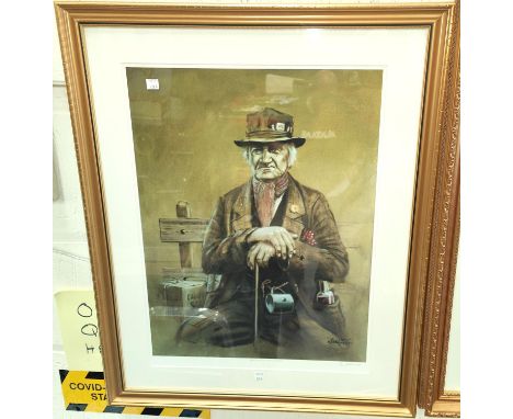 Keith English: portrait of a seated old man, artist signed print, 55 x 38cm framed and glazed 