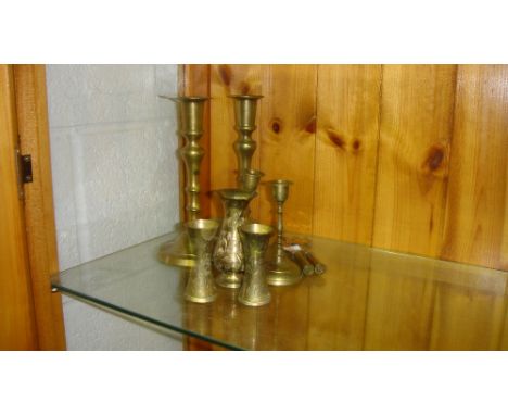 Vintage brass candlesticks and other brassware & trench art bullet knife and fork