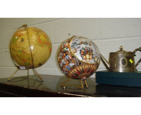 2 x jigsaw globes & 2 x vintage aspirators & silver plated teapot and indoor bowls set