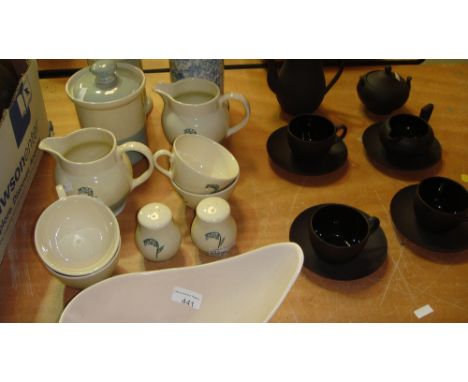 Vintage Poole Pottery dish and modern Poole pottery part tea set, Wedgwood basalt ware tea set