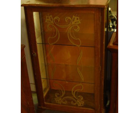 Vintage walnut china display cabinet, saws, spade, brass stick stand