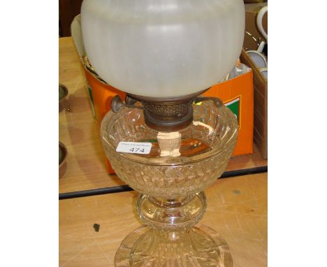 Late 19th century cut clear glass paraffin lamp and frosted glass shade 60 cms x 18 cms