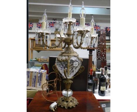 A brass and glass Rococo style five light table lamp, COLLECT ONLY.