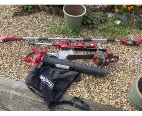 A huge set of Mountfield, cordless garden power tools. 3 high capacity 48V batteries and charger, a leaf vacuum blower, chain