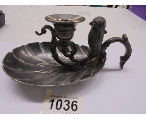 A Victorian silver plate chamber candlestick with mounted owl vesta match holder. 