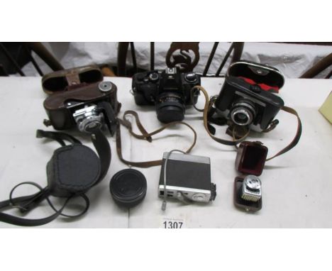 Three vintage camera's - Cosima, Retina and Bierette together with a light meter, lens etc., 