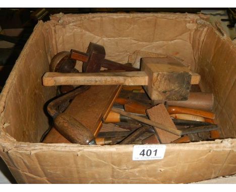 A box of woodworking tools. 