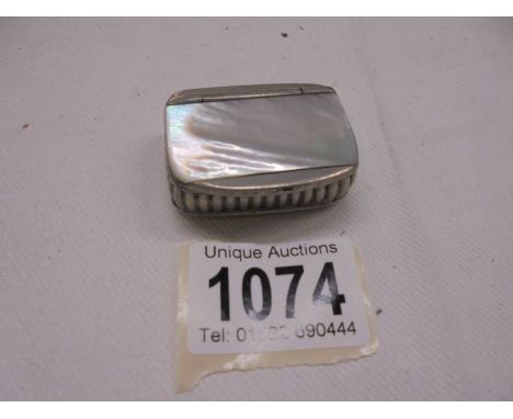 A James Furniss Ltd., Sheffield pewter snuff box with mother of pearl inset lid.