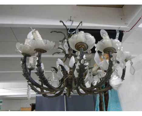 A brass and glass ten light chandelier, COLLECT ONLY.