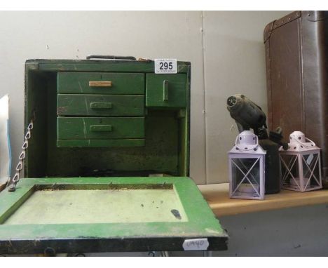 A blow lamp, 2 candle lamps, tool box and contents. 
