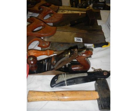 A mixed lot of tools including saws, plane etc., 